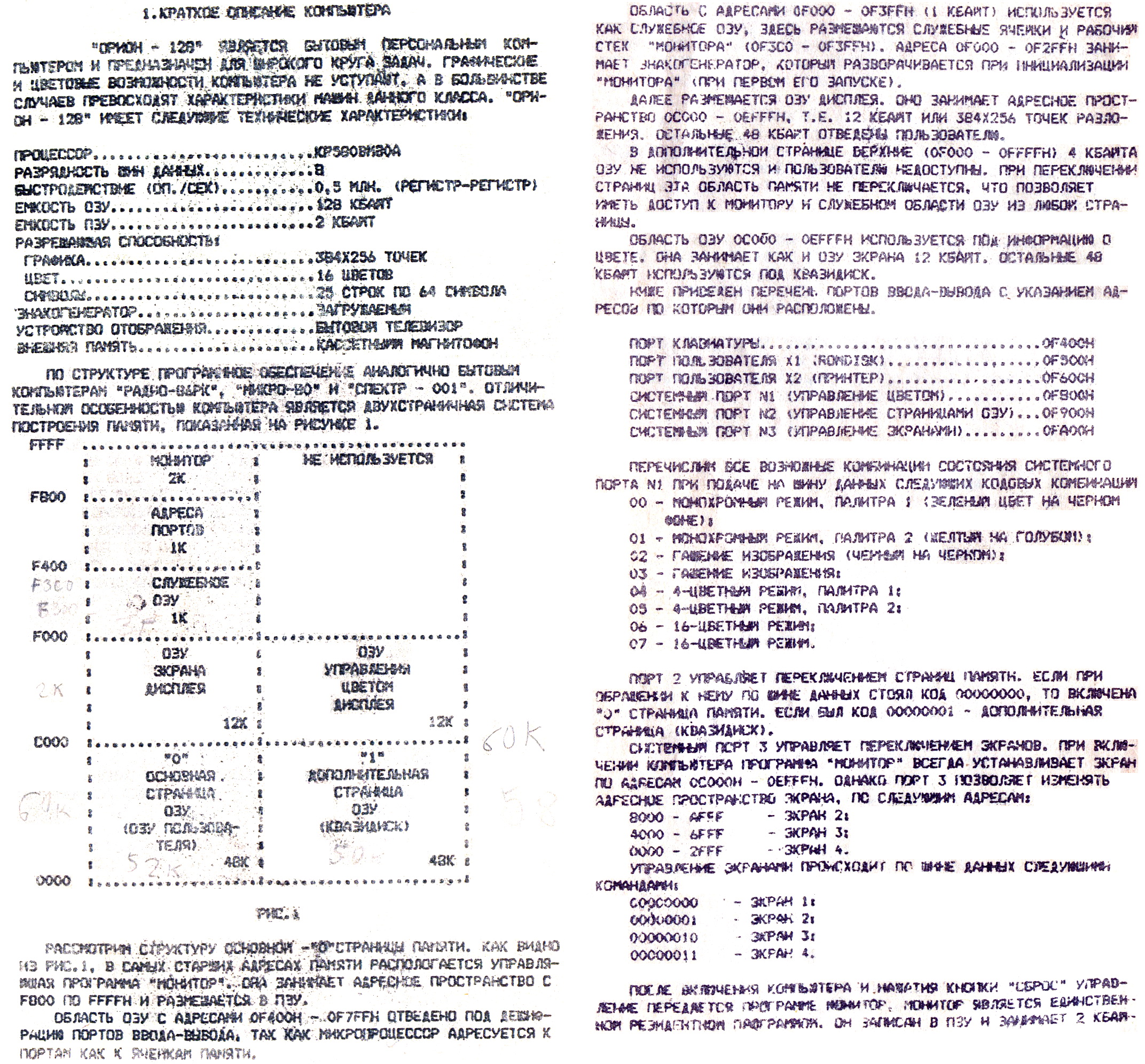 Cтруктура памяти компьютера Орион-128, описание портов ввода-вывода